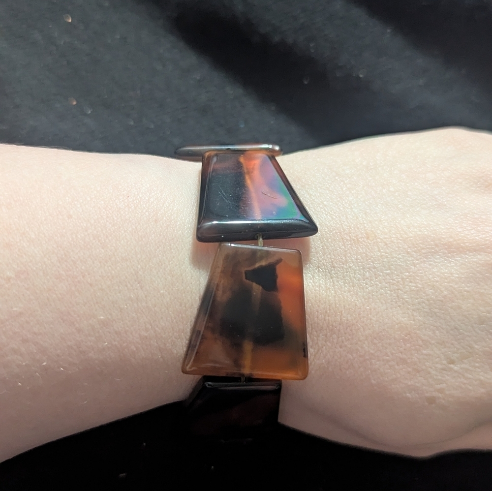 Brown Tortoise Shell Pattern Geometric Bead Stretchy Elastic Statement Bracelet